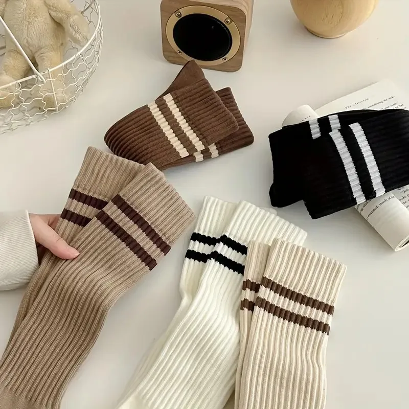 1/5 Pairs Women Autumn Winter Warm Knitted Calf Socks Soft Comfortable Fashionable Striped College Style Slim Fit Stacked Socks