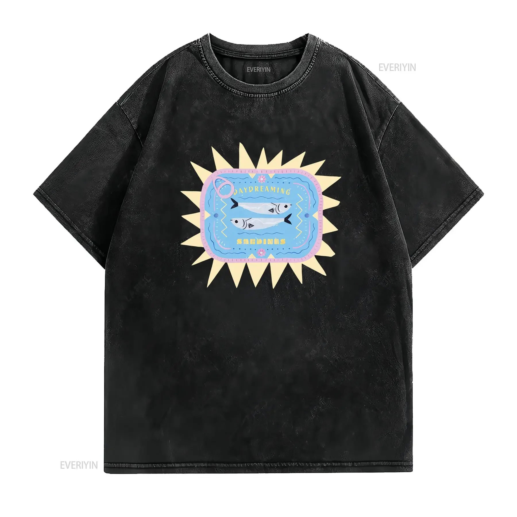 DAYDREAMING SARDINES T Shirt Fish drawing vintage tee colorful art sealife vintage Washed designer clothes streetwear Stylish