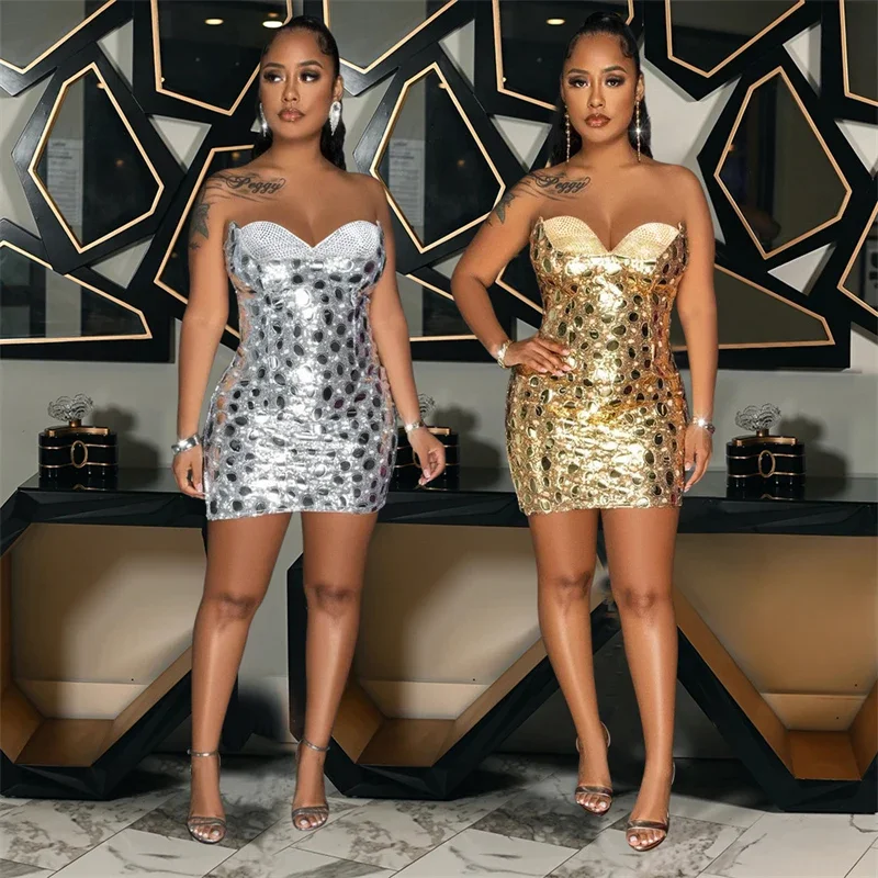 女性のためのきらびやかなスパンコールのついたタイトなドレス,ストラップレスの伸縮性のあるミニドレス,スリムフィット,ナイトクラブ,ウエディング,誕生日パーティー