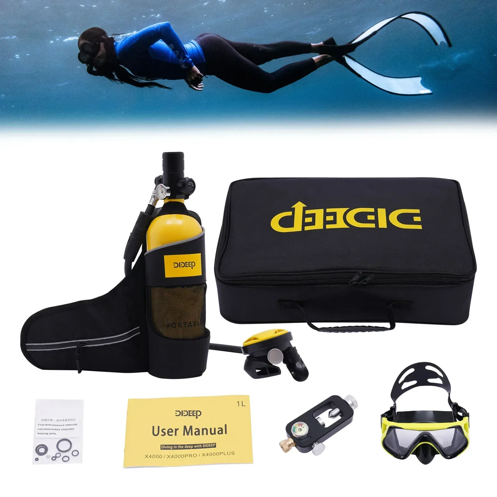 

1L Underwater Breathing Device with Straps & Mask - for Diving 15-20min 33ft - Portable Mini Scuba Tank