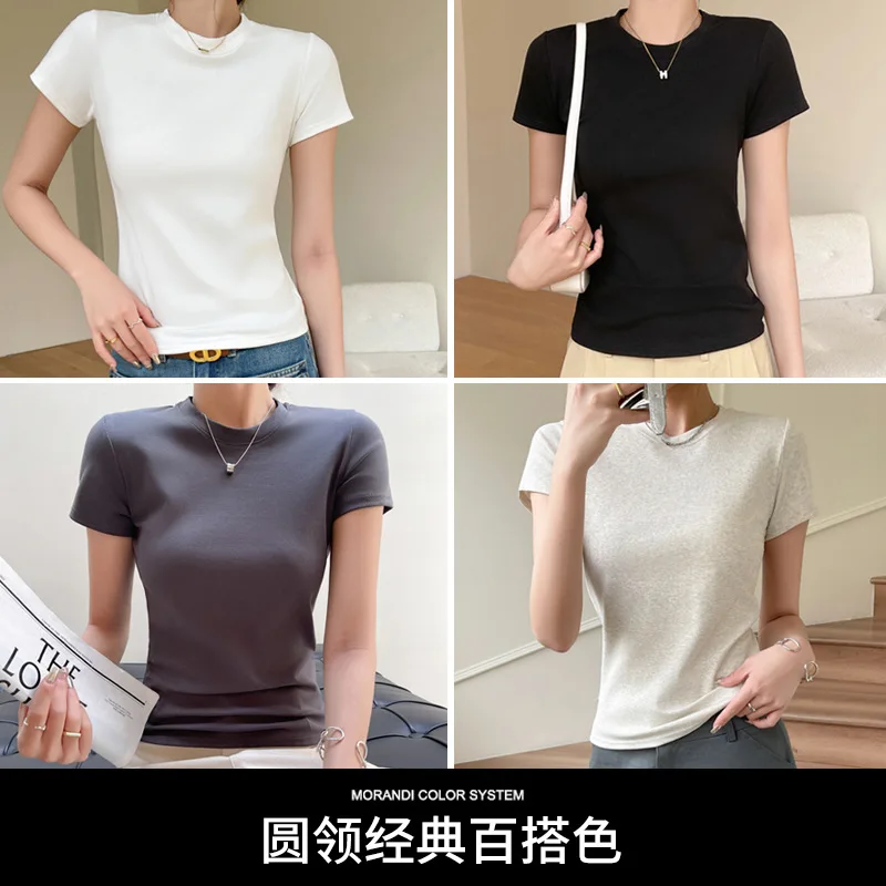 القطن الجولة الرقبة تي شيرتات قصيرة الاكمام المرأة الربيع والصيف عادية بسيطة بلايز المرأة Blusas Femininas تي شيرت فام