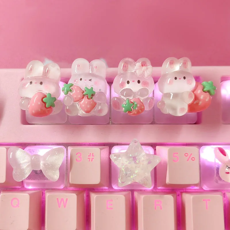 Cute Cartoon Transparent Strawberry Rabbit Keycap DIY Handmade Personalized Mechanical Keyboard Dedicated PBT Keycap