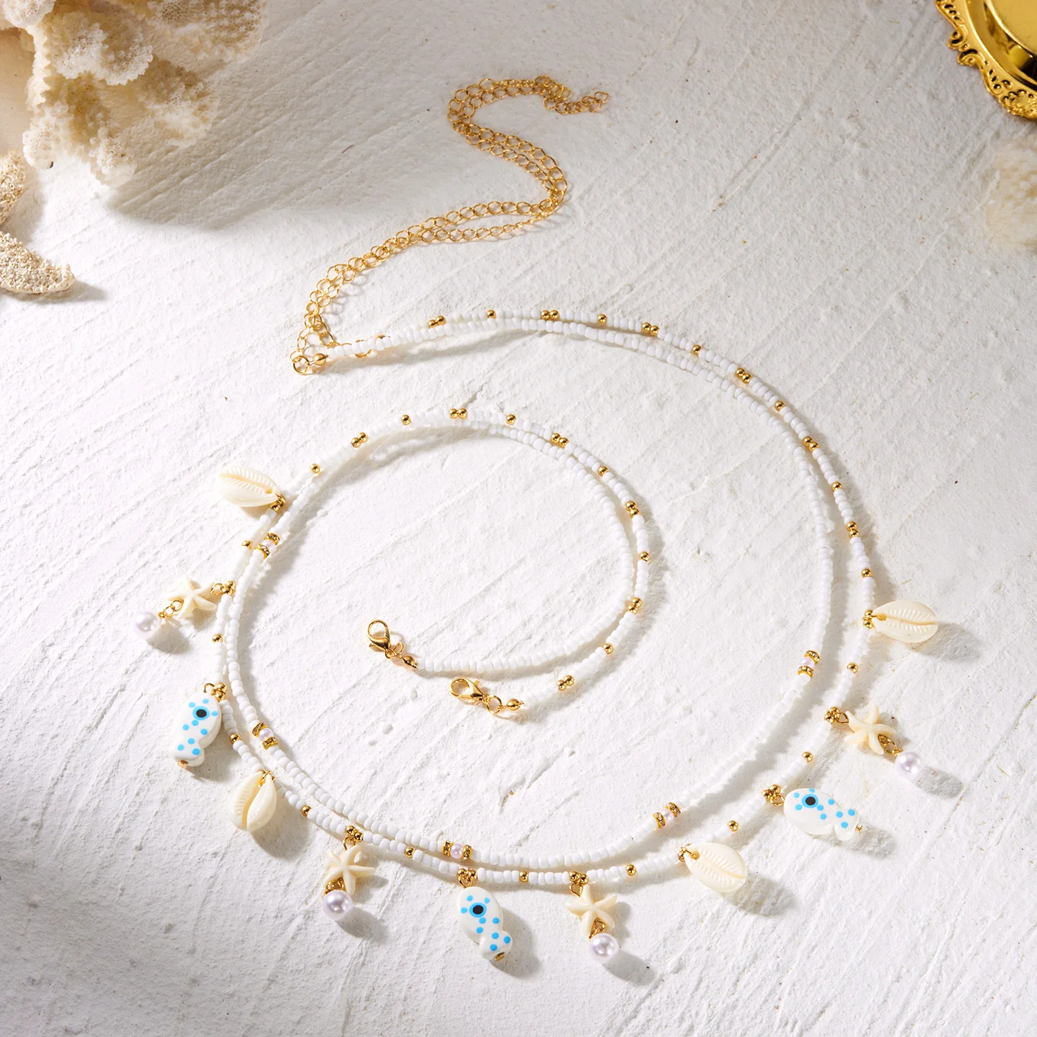 Sexy Double Layer Metal Starfish Shell Waist Chain For Women Rice Beads Ceramic Fish Scallops Belly Chain Vacation Body Jewelry