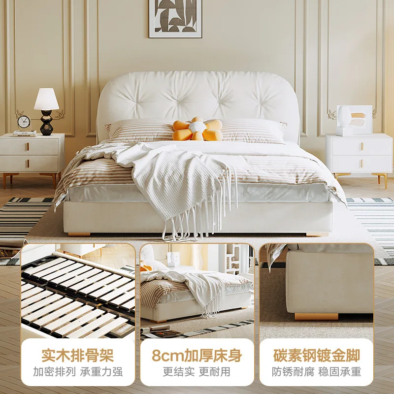 Geely with French cream style fabric bed, double master bedroom, modern light luxury wedding bedside