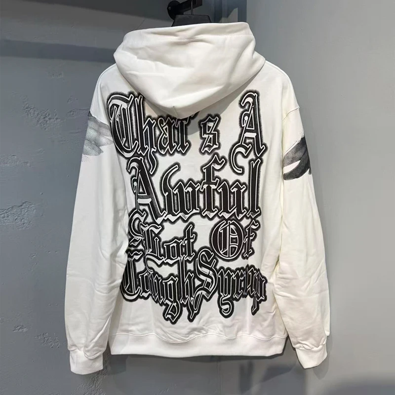 طباعة رقمية بنمط الملاك باللون الأبيض، مجموعة رائعة من سترة بغطاء للرأس من COUGH SYRUP للرجال والنساء للجنسين من القماش الثقيل بلوفرات قطنية