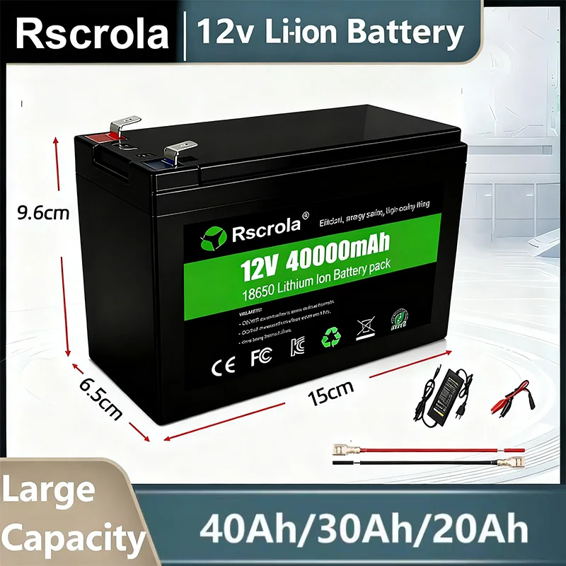 12V Rechargeable Lithium Battery Pack 40Ah, 18650 Battery Pack DC Power for Sprayer, Portable Speaker, Outdoor Camping, Toy Cars