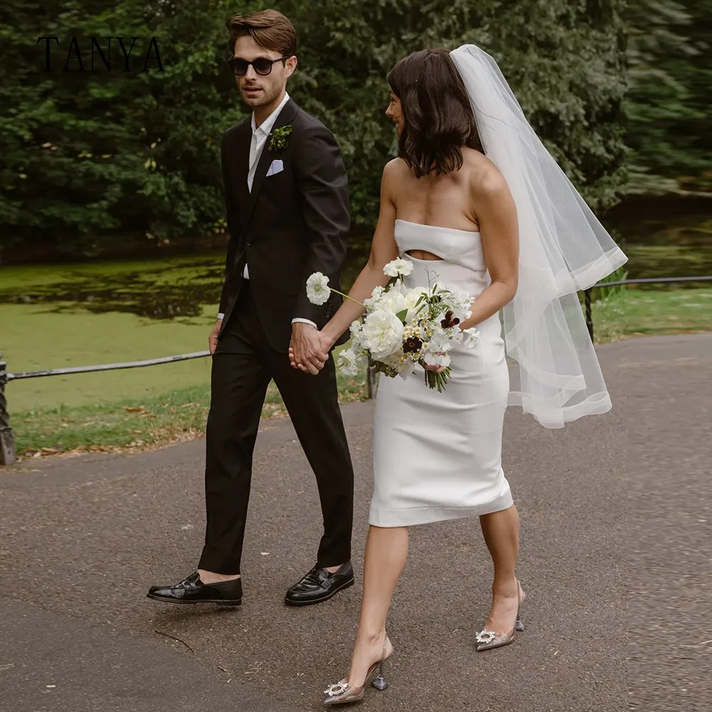 Vestido de novia corto sin tirantes, prenda de satén suave, sin mangas, longitud del té, vestido de fiesta, sencillo, TSWD315