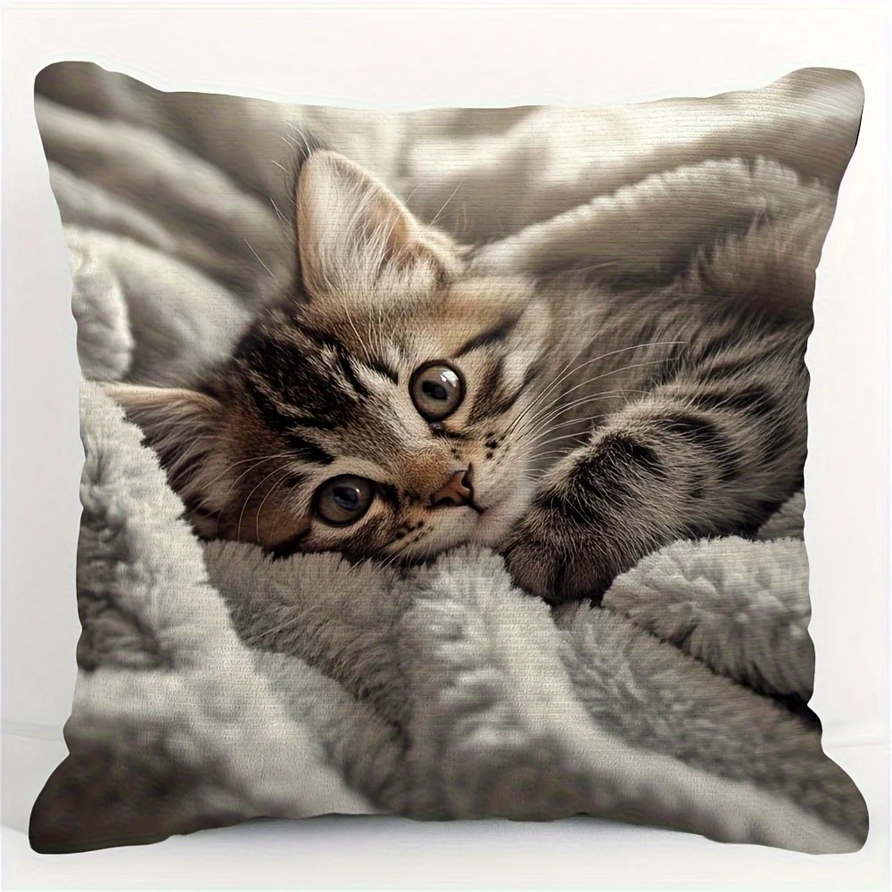 Kitten Cushion Cover Zipper Closure - Adorable Kitten Pillowcase  Sofa Decor Cover for Room Hand Washable (No Insert Included)
