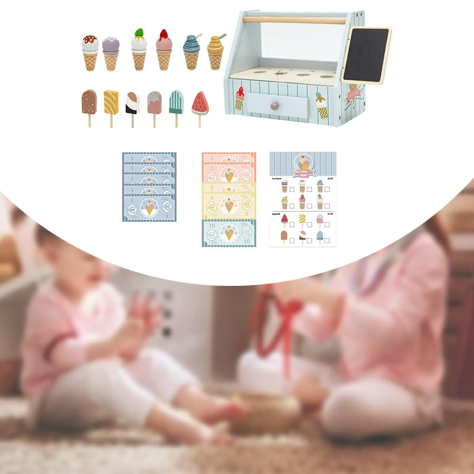 Wooden Ice Cream Counter Playset Learning Activity Montessori Pretend Food Toys
