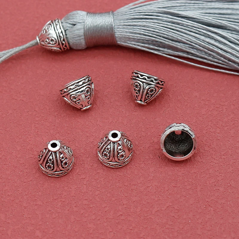 30 sztuk/partia antycznych srebrnych czapek miska/kopuła w kształcie frędzli 9x8mm ręcznie robione metalowe końcówki nakrycia na nakrętki DIY biżuteria akcesoria
