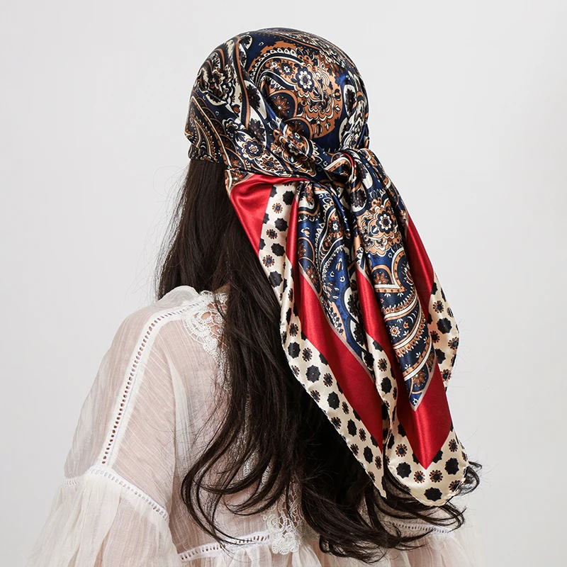 90 cm Platz Silk Schals Frauen Hijab Schals Paisley Cashew Blume Drucken Kopftuch Femme Kopf Schal Foulard Bandana Strand Pareo – Detail 8