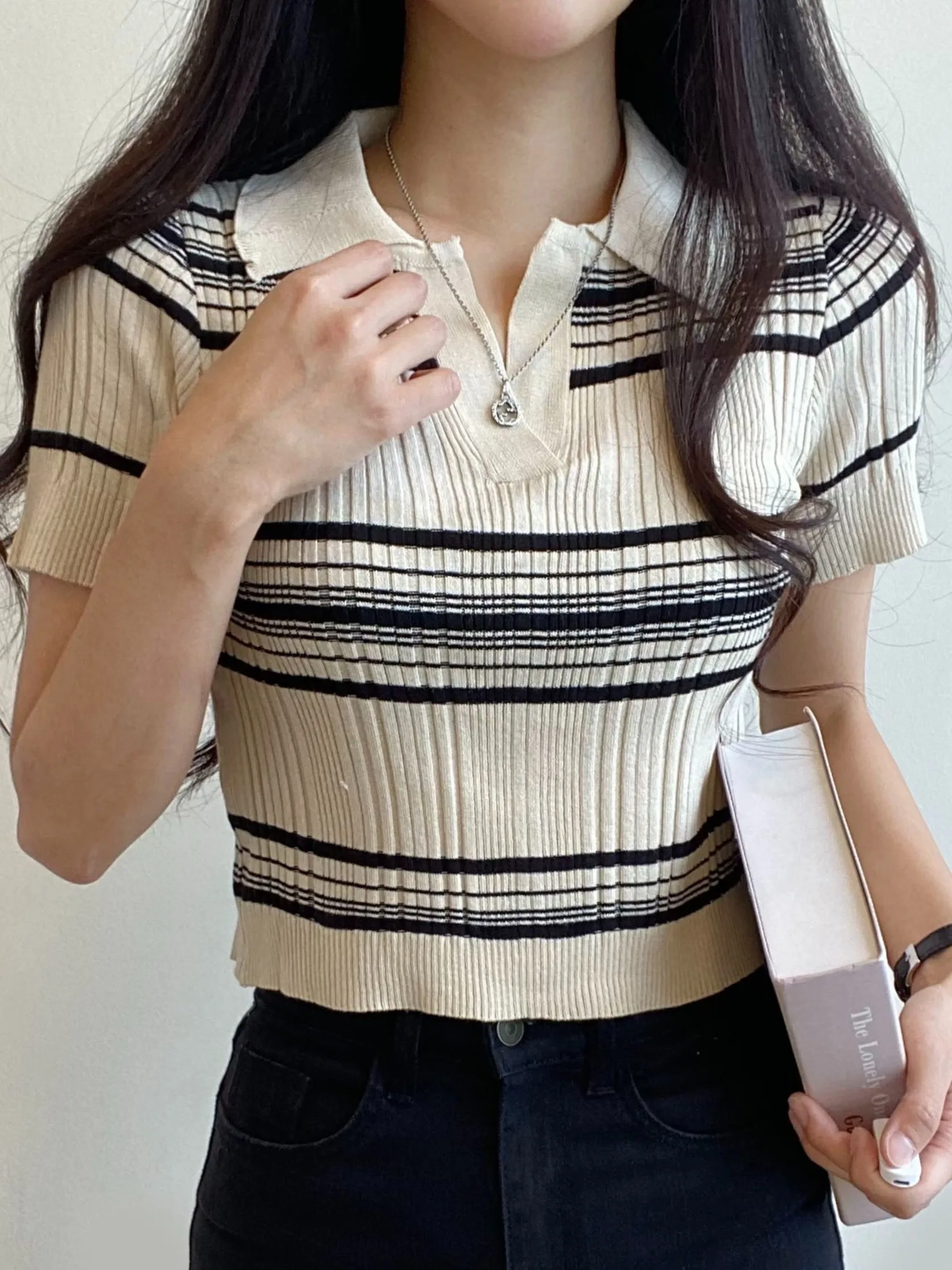 

American Sle Retro Sweet And Spicy ort Sve Knitted irt Women's Summer Top Slim Fit Commute Sle Stripe Pattern