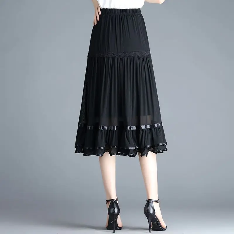 Elegant Vintage Women Mesh Black Midi Skirt Office Lady Fashion New High Waist Koreon Spring Summer Slim Casual Pleated Skirts