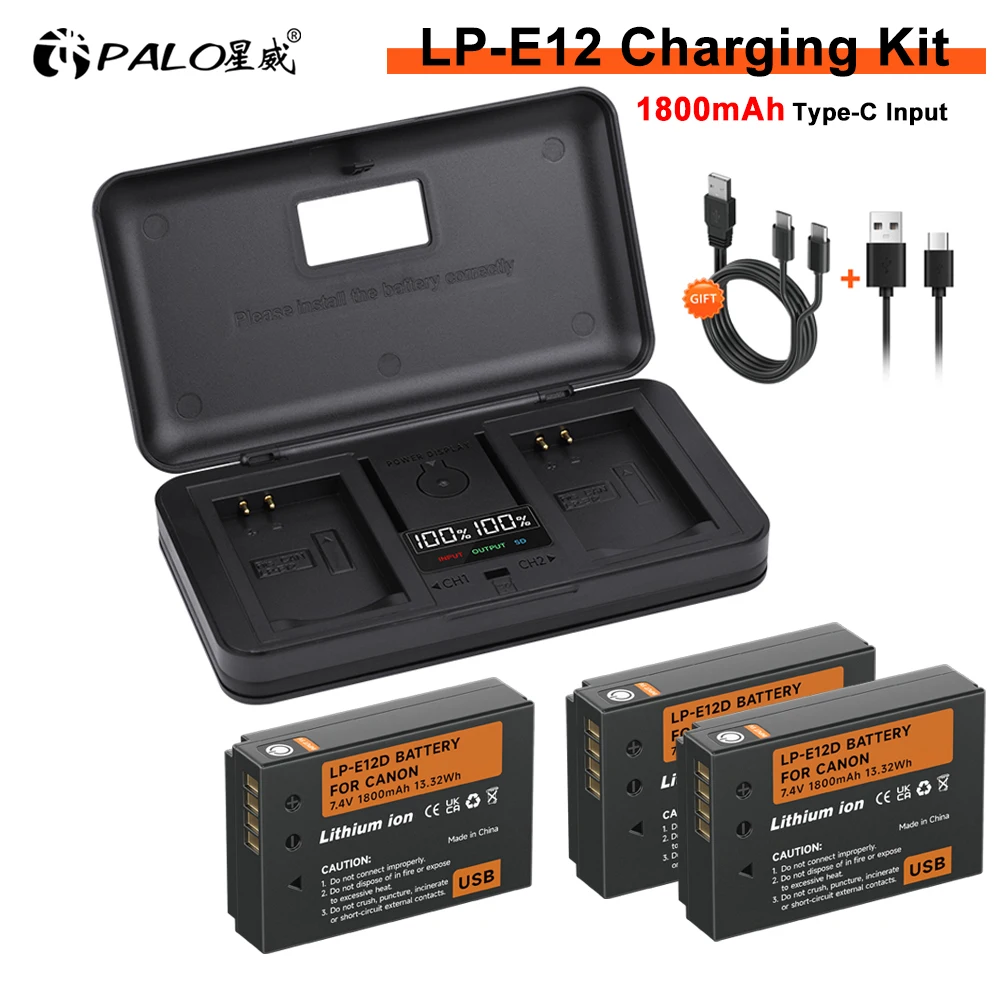 LP-E12 LP E12 Battery with 5V/2A Type-C Input Port for Canon EOS M EOS M10 EOS M50 EOS M100 100D Kiss X7 Rebel SL1 DSLR Camera