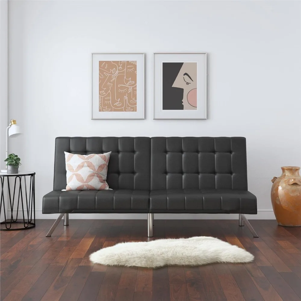 DHP Emily Futon With Chrome Legs, Black Faux Leather