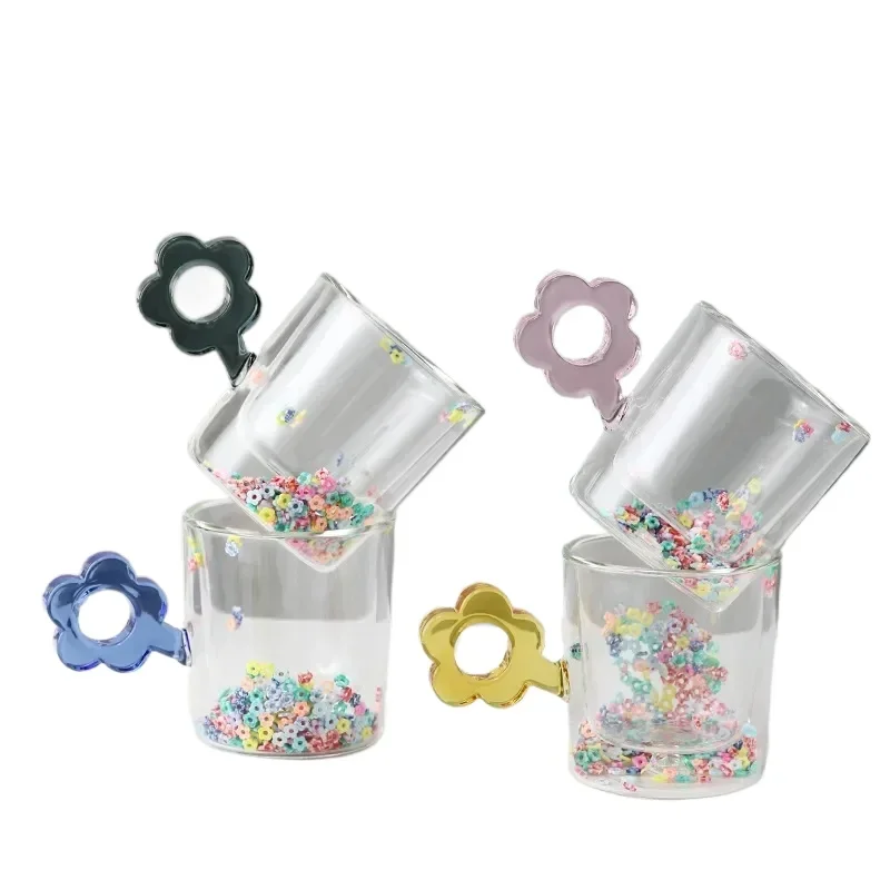 

250ml Double Wall Glass Mug Cup with Flower Glitters Inside and Flower Shaped Handle For Coffee Water Milk Juice Heat Insulation