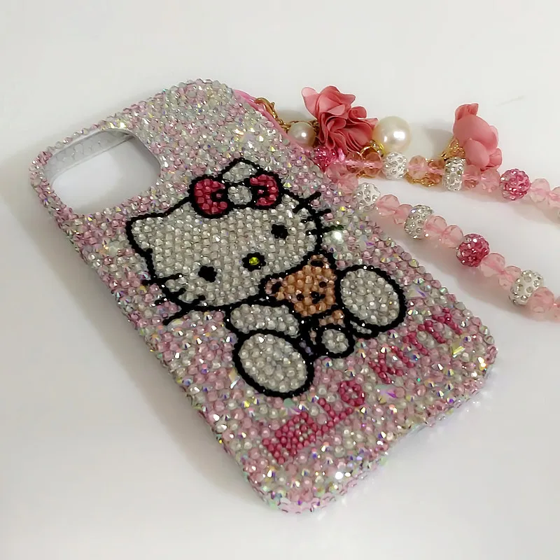 Sanrio Cute Cartoon Kt Apple Phone Case Rhinestone Anime Hello Kitty for Iphone17 16 15 14Pro Max Anti-Fall Upscale Girls Gift