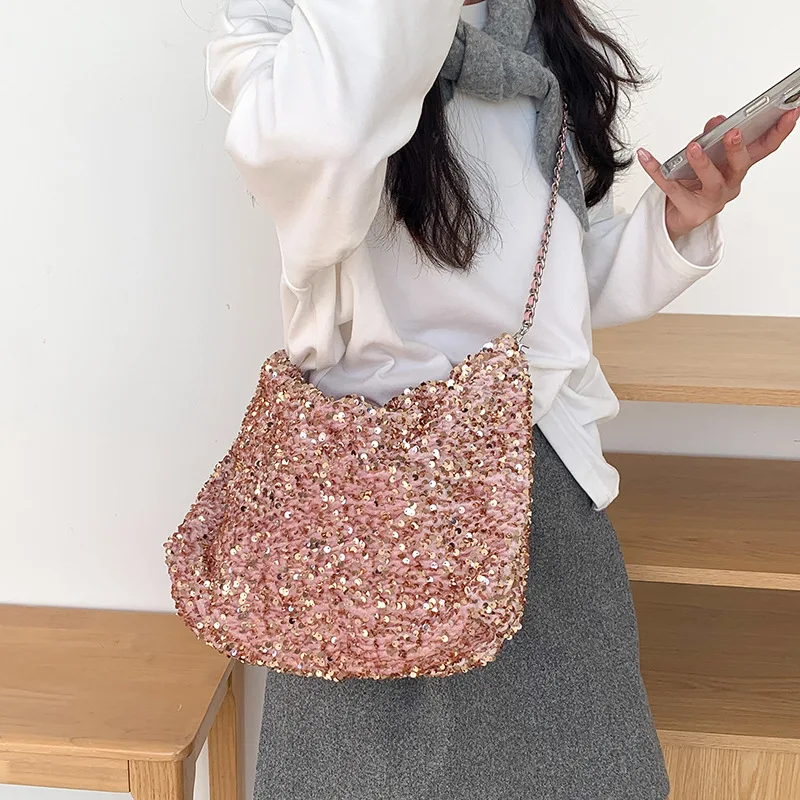 Sequin Trendy Crossbody Bag Vintage Versatile Women Chain Handbags Designer Large Capacity Casual Tote Bag Luxury Handbags New