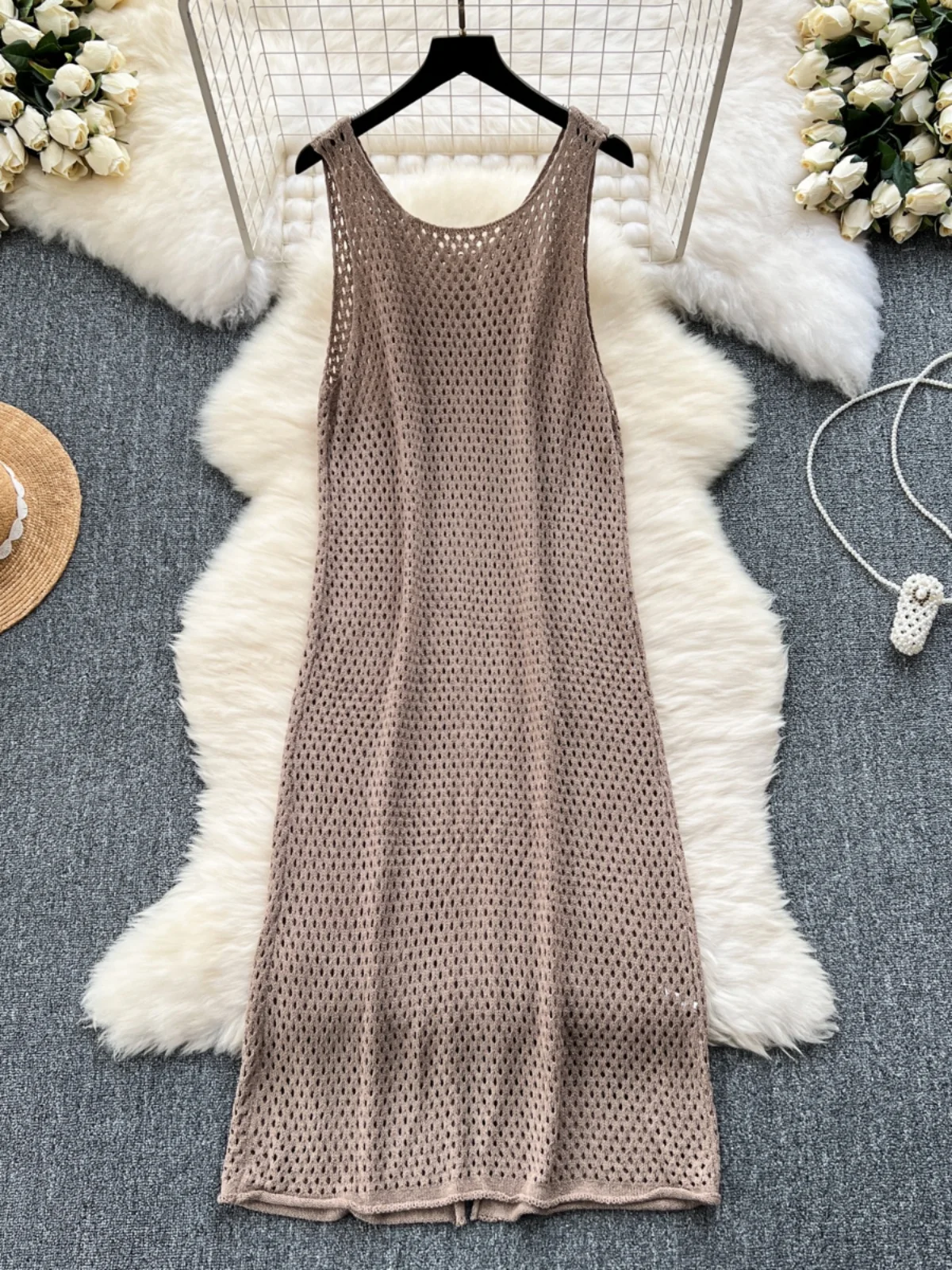 Vestido Longo de Tricô Estilo Coreano para Mulheres, Sem Mangas, Cintura Alta, Saia Midi em A, Design de Camadas com Zíper e ...