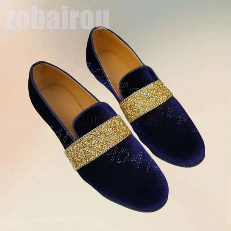 

Gold Glitter Crystal Sequins Blue Suede Loafers Fashion Slip On Men Shoes Luxury Handmade Party Banquet Dating Men Casual Shoes