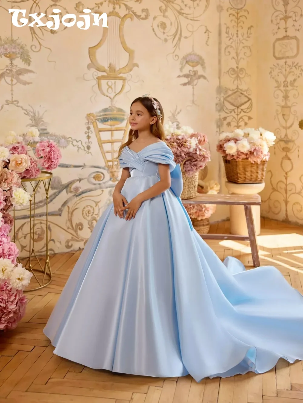 Kids Light Blue Bow Satin Long Princess Gown For School Activities Girls Off Shoulder A-line Dresses Birthday Party Outfit