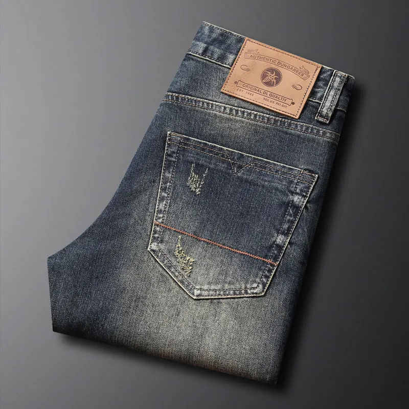 

Fashion Designer Men Jeans High Quality Retro Washed Blue Stretch Slim Fit Ripped Jeans Men Y2K Vintage Casual Denim Pants Homme