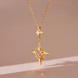 Personality Design Four Pointed Star Crystal Pendant Necklace for Women Luxury Stainless Steel Zircon Cross Chokers Jewelry Gift