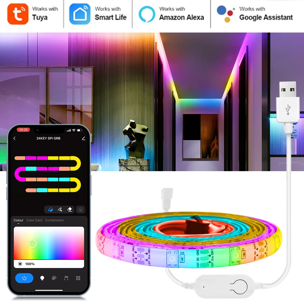 

USB TUYA LED Strip Light Smart Life WiFi Flexible Tape 5V RGBIC Color Changing Ambient Light Works With Alexa Google Home