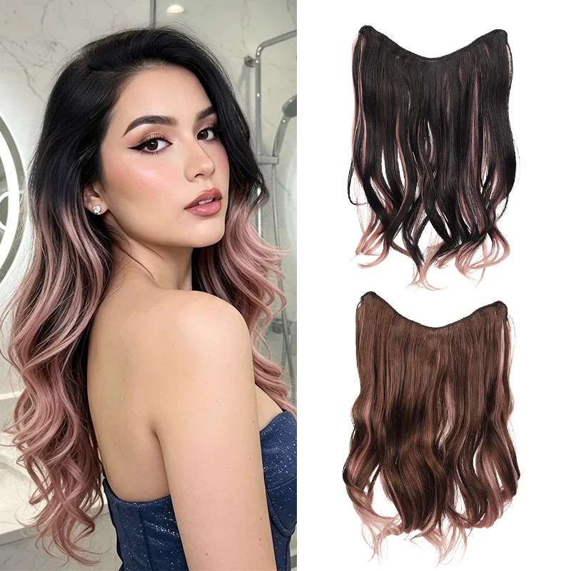 Pink Balayage Clip-In Hairpiece Synthetic Wig One-Piece Long Wavy Hair Extension for Quick Hair Lengthening & Trendy Makeover