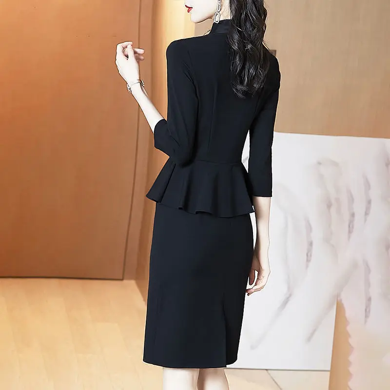 Office Lady Bow Tie Fashion Midi Dress Spring Summer 3/4 Sleeve Splicing Temperament Slim Casual Woman Black Elegant Dresses