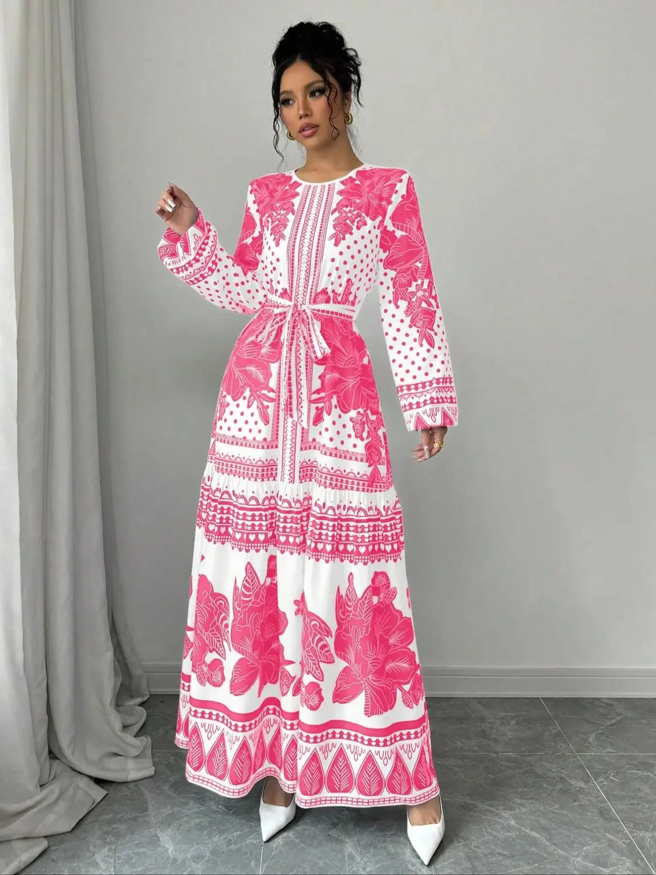 Women's Floral Print Belted Dress, Elegant Fashion Casual Long Sleeve Dress for Daily Outdoor Wear, Women Dress for Summer