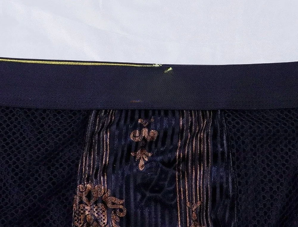 Men Flocked Print Mesh Patchwork Boxer Shorts Bulge Pouch Underwear Trunks Breathable Sports Male Plus Size Underpants