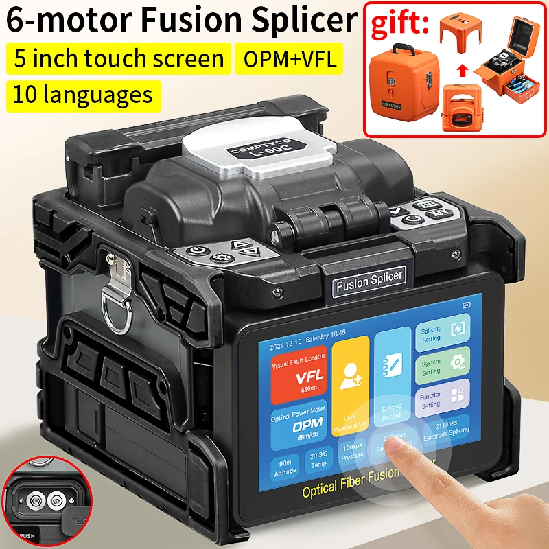 Fully Automatic L-90C Fiber Welding Machine With,VFL/OPM 5 Inch Touch Screen 10 Languages 6 Motors Fiber Optic Fusion Splicer