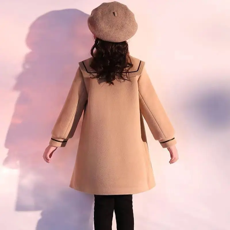 England Style Fashion Red Girls Coats Woolen Jacket Long Coats Thick Wool Coat Girl Winter Clothes for Girls New Year Clothes