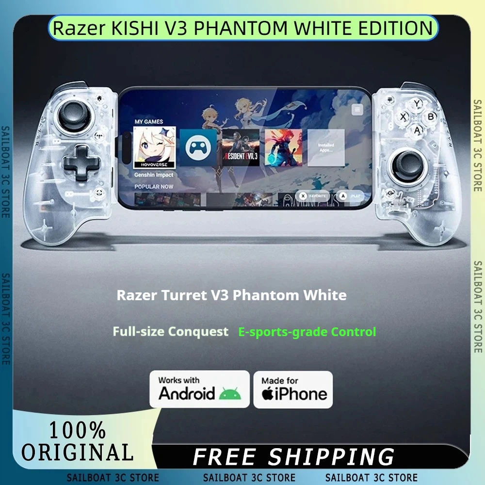 

Игровой контроллер Razer KISHI V3 PHANTOM WHITE EDITION для игр IOS Android PC 3A с джойстиками TMR, эргономичные геймпады, подарки