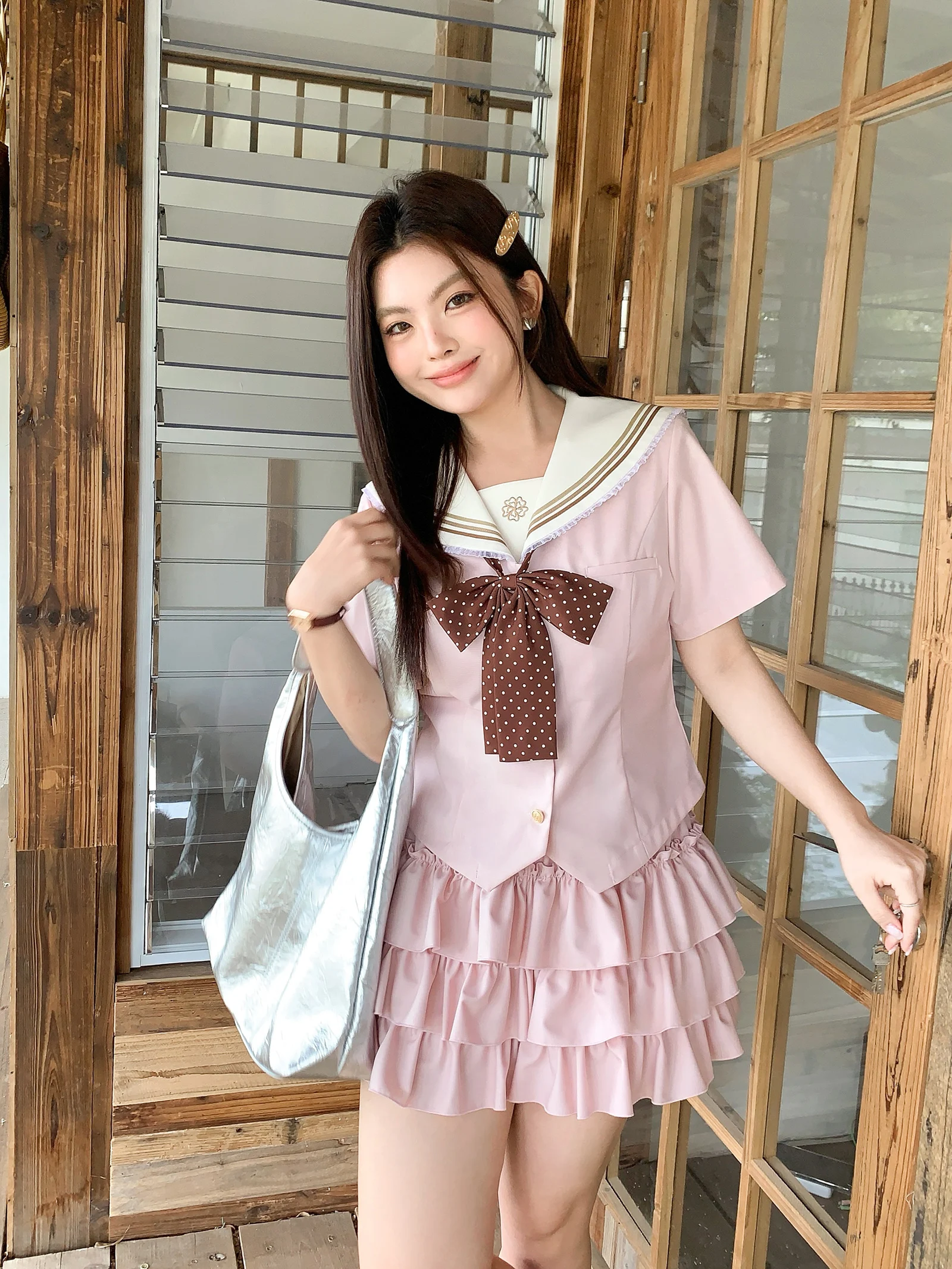 

Original Japanese Style College Sweet Style Slimming Pink JK Uniform plus Size Set High Waist Short Skirt Short Sleeve Top