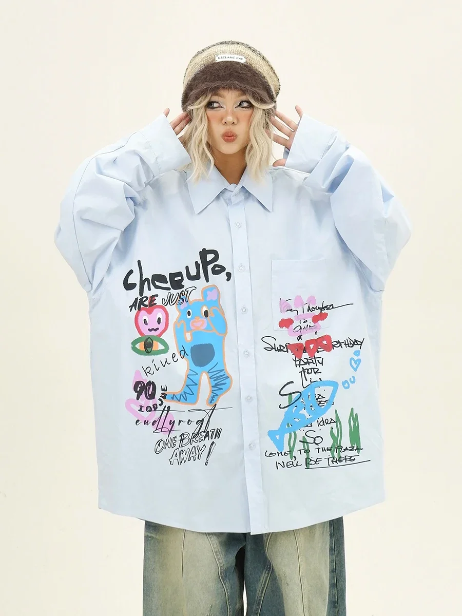 Fun Cartoon Long-sleeved Shirt 2024 Autumn New Loose Bf American College Style Versatile Top Women