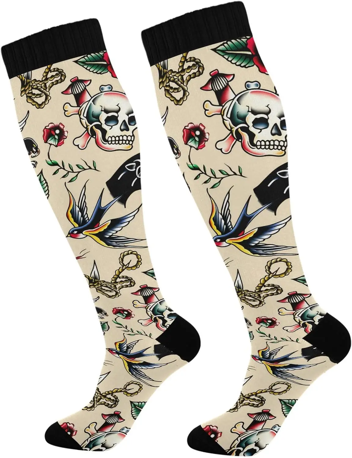 Traditional Tattoo Compression Socks for Women Men 20-30mmHg Knee High Athletic Stockings, Running Cycling Sport Travel