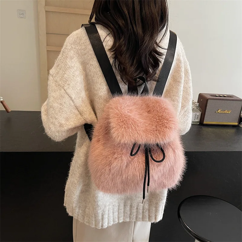 

Women Large Capacity Faux Fox Fur Backpack Student Shoulder Crossbody Bag Drawstring Magnetic Flap Casual Travel Fashion Purse