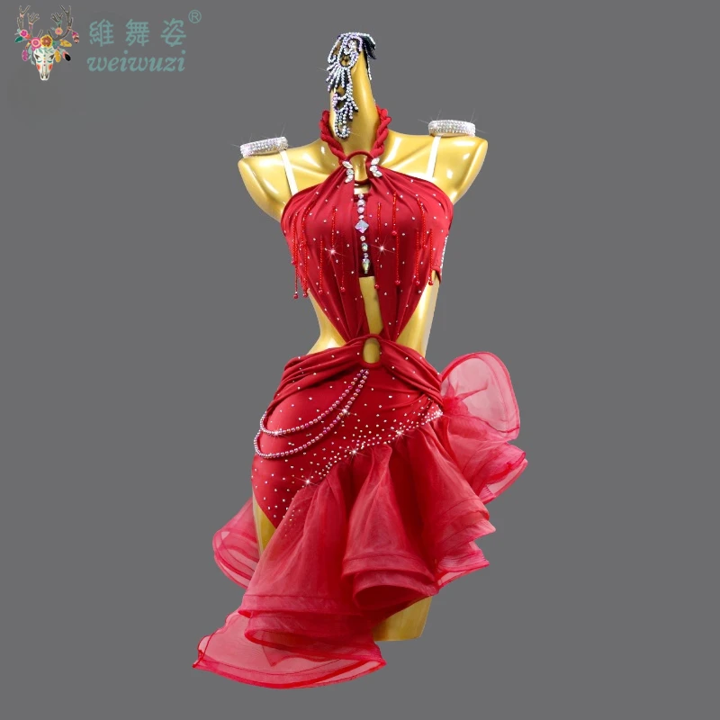 

Latin Dance Competition Women's High End Customized Red Shining Diamond Samba Chacha Rumba Performance Clothing Black Pool Dress