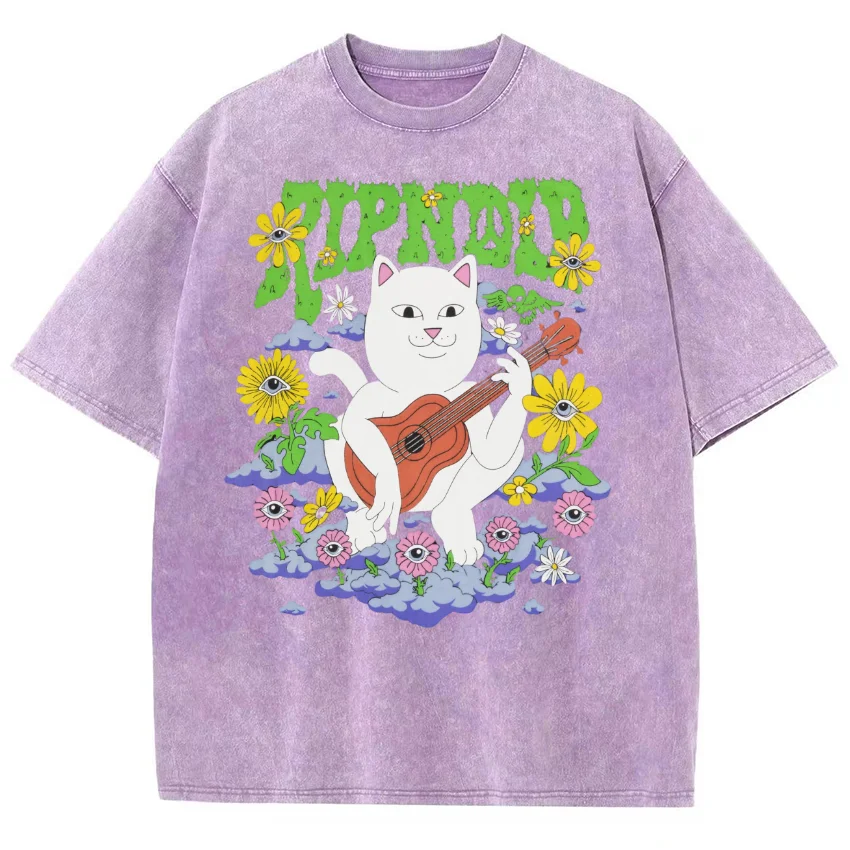 

Fashion Women's Short Sleeve Trendy White Cat Guitar Lawn Music Party Print Summer Designer New Crew Neck T-Shirt