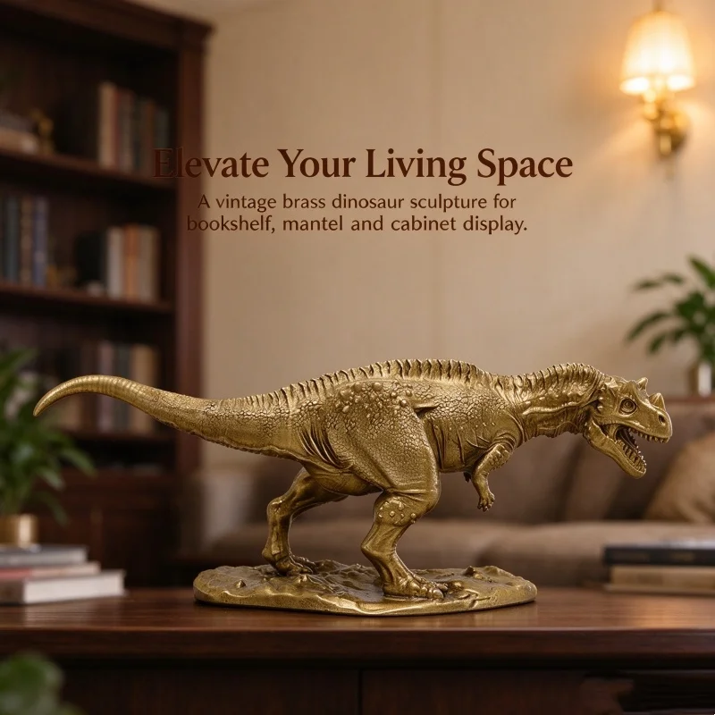 Brass Dinosaur Statue Realistic Jurassic Figurine Desktop Ornament Home Office Decoration Collectible Gift for Dinosaur Lovers