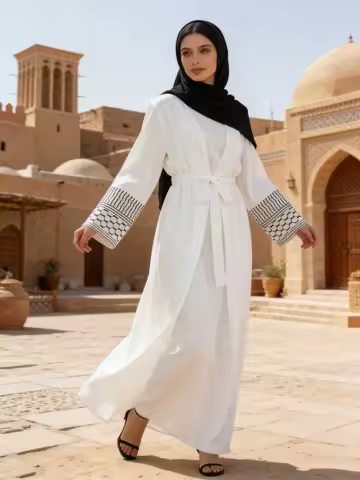 Stylish White Open-Front Abaya Cinched Waist &amp; Black-White Line Grid Pattern Cuffs Women Muslim Moroccan Kaftan Ramadan Arabic