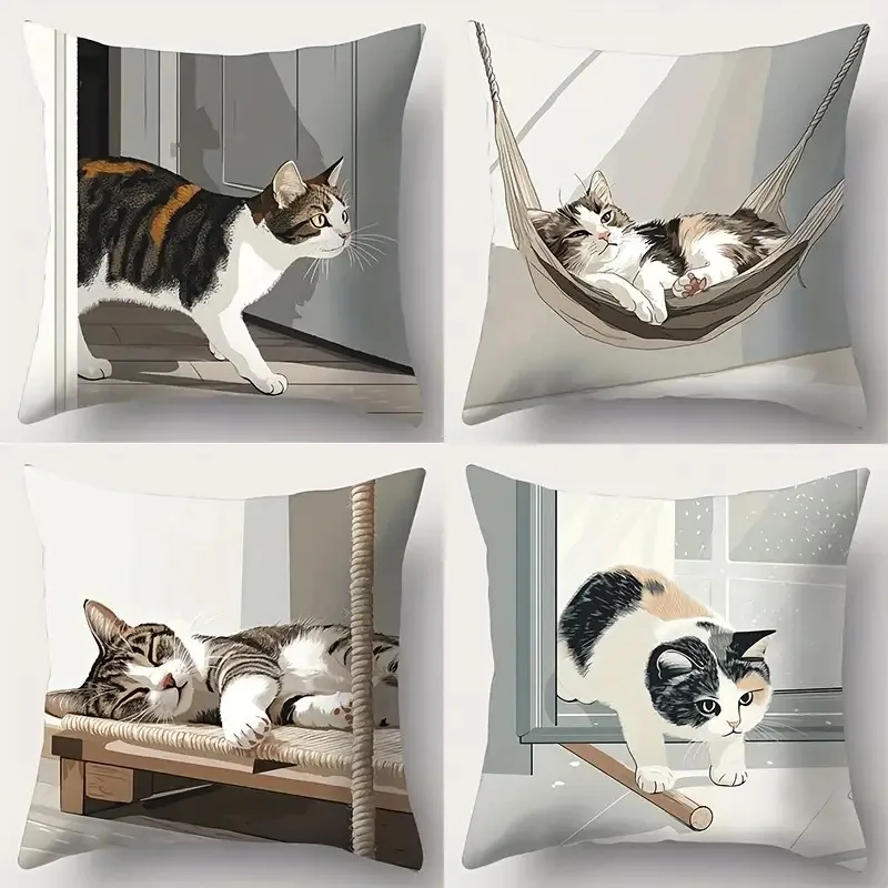 Cozy Cat Illustration Throw Pillow Covers, Cute Tabby & Calico Cat Print Cushion Cases, Cat Lover Home Decor Bedroom Living Room