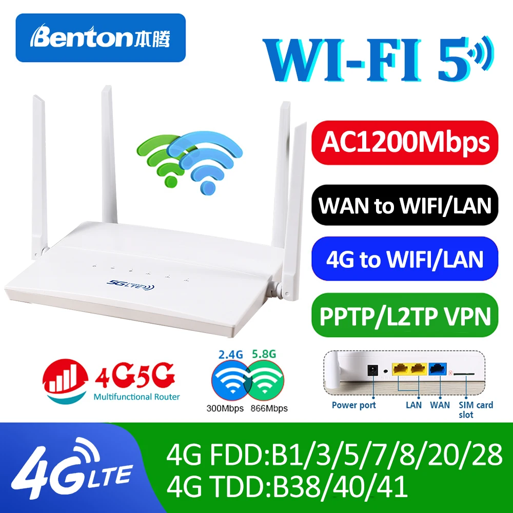 Benton مقفلة WIFI5 4G SIM راوتر ثنائي النطاق WiFi 2.4G 5.8G AC1200Mbps VPN 4G راوتر مع فتحة بطاقة SIM WAN LAN 100Mbps