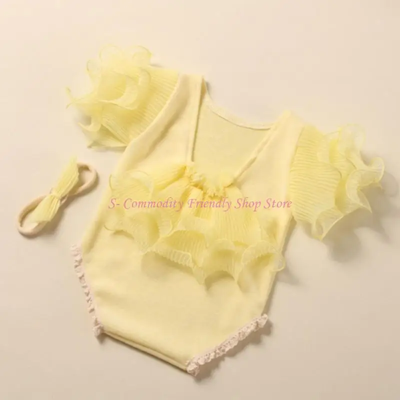 85AE Baby Girls Photo Clothes Backless Jumpsuit Newborn Costume OnePiece Lace Romper Bowknot Headband Infant Photo Outfit