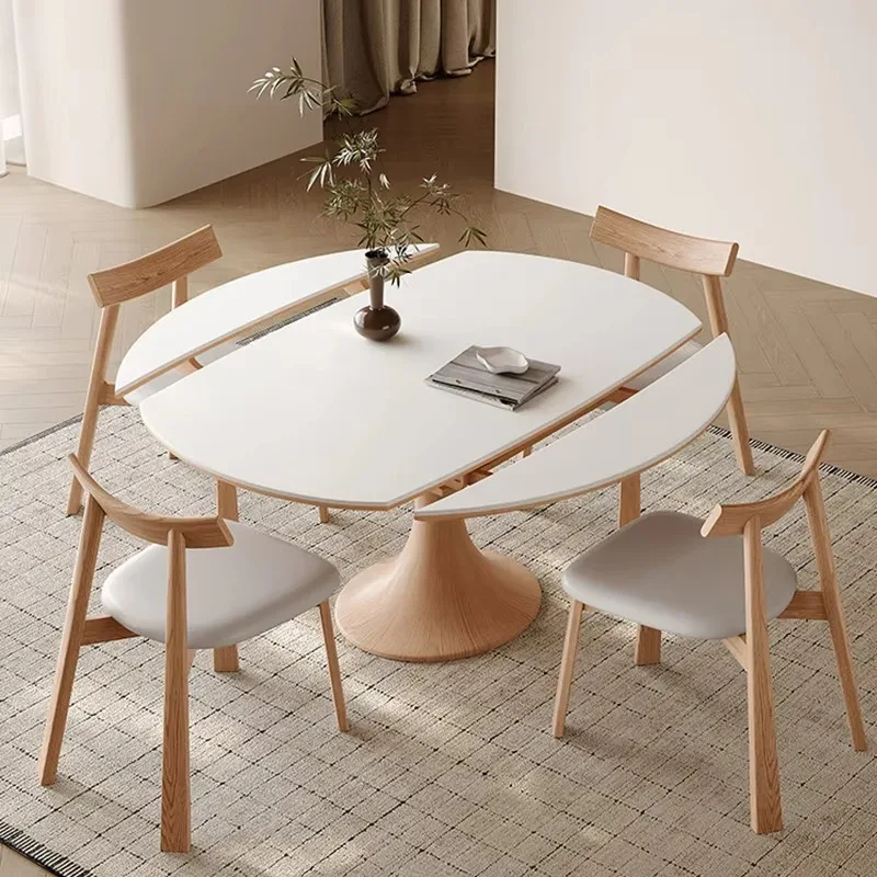Nordic Foldable Dining Table With Stone Top Modern Wooden Expandable Dining Table For Home Use Luxurious Round Dining Table Set