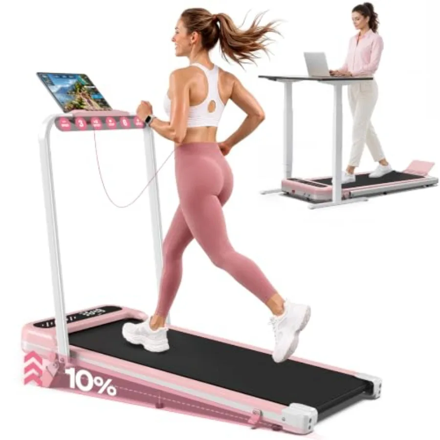 Pink Foldable Walking Pad with 10 Incline, Adjustable Handle Bar, Compact Home Fitness Treadmill for Indoor Walking Light Cardi