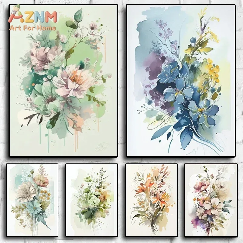 AZNM Watercolor Wildflower Canvas Wall Art, Soft Pastel Floral Bouquet Botanical Art Print, Unframed Canvas Painting for Living