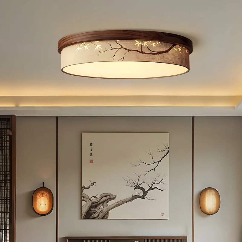 

Retro Rotundity Wooden Chandelier Led Painted Bamboo Leaf Fabric Lampshade Living Room Restaurant Bedroom Study Pendant Lights